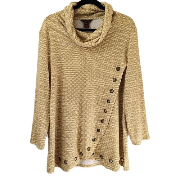 MULTIPLES Soft Tunic XL Women's Tan Print Cowl Neck Long Sleeve w Grommets - Picture 1 of 6